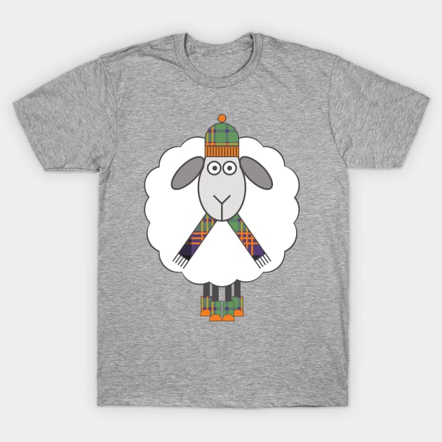 Cosy Winter Sheep with Orange, Green and Purple Tartan Hat, Scarf and Boots T-Shirt by MacPean